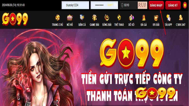 Bấm chọn nút Đăng nhập để hoàn tất quy trình truy cập tài khoản GO99